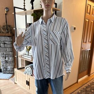TENCIL NWT LG Westbound Woman Stripe Button Down Roll-Tab Sleeve Shirt Top